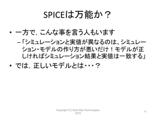 SPICEは万能か？
• 一方で，こんな事を言う人もいます
– 「シミュレーションと実値が異なるのは、シミュレー
ション・モデルの作り方が悪いだけ！モデルが正
しければシミュレーション結果と実値は一致する」
• では，正しいモデルとは・・・？
Copyright (C) Siam Bee Technologies
2016
11
 
