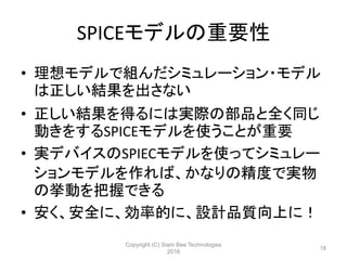 SPICEモデルの重要性
• 理想モデルで組んだシミュレーション・モデル
は正しい結果を出さない
• 正しい結果を得るには実際の部品と全く同じ
動きをするSPICEモデルを使うことが重要
• 実デバイスのSPIECモデルを使ってシミュレー
ションモデルを作れば、かなりの精度で実物
の挙動を把握できる
• 安く、安全に、効率的に、設計品質向上に！
Copyright (C) Siam Bee Technologies
2016
18
 