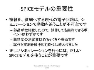 SPICEモデルの重要性
• 複雑化，微細化する現代の電子回路は，シ
ミュレーションで挙動を追うことが不可欠です
– 部品が微細化したので，試作しても実測できるポ
イントはわずかです
– 高精度の測定器はめちゃくちゃ高価です
– 試作と実測を繰り返す時代は終わりました
• 正しいシミュレーションを行うには，正しい
SPICEモデルを使うことが重要です
Copyright (C) Siam Bee Technologies
2016
19
 