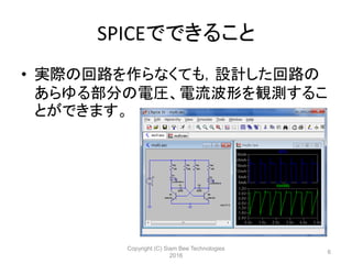 SPICEでできること
• 実際の回路を作らなくても，設計した回路の
あらゆる部分の電圧、電流波形を観測するこ
とができます。
Copyright (C) Siam Bee Technologies
2016
6
 