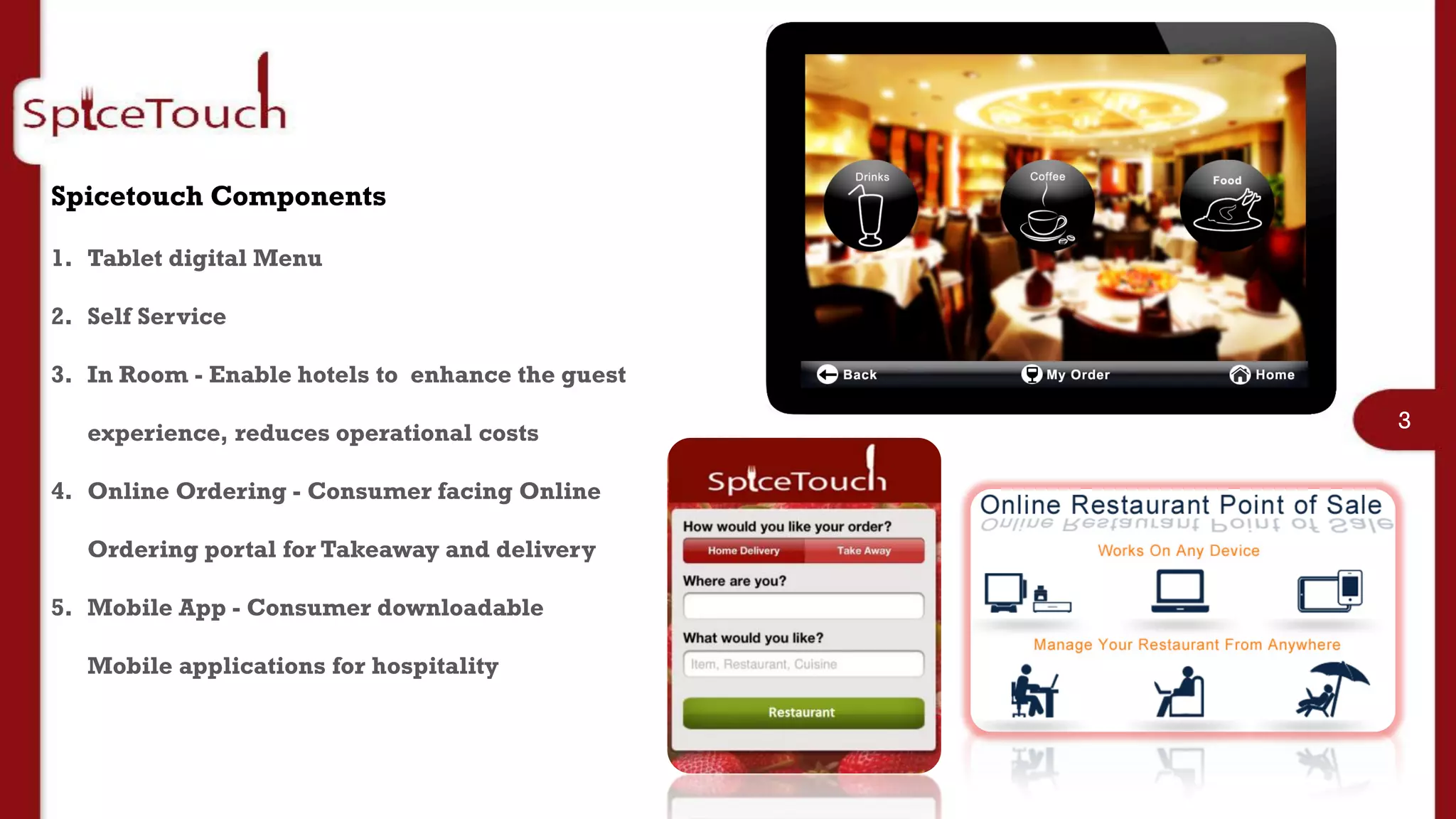 Spicetouch Components

1. Tablet digital Menu

2. Self Service

3. In Room - Enable hotels to enhance the guest
                                                  3
   experience, reduces operational costs

4. Online Ordering - Consumer facing Online

   Ordering portal for Takeaway and delivery

5. Mobile App - Consumer downloadable

   Mobile applications for hospitality
 