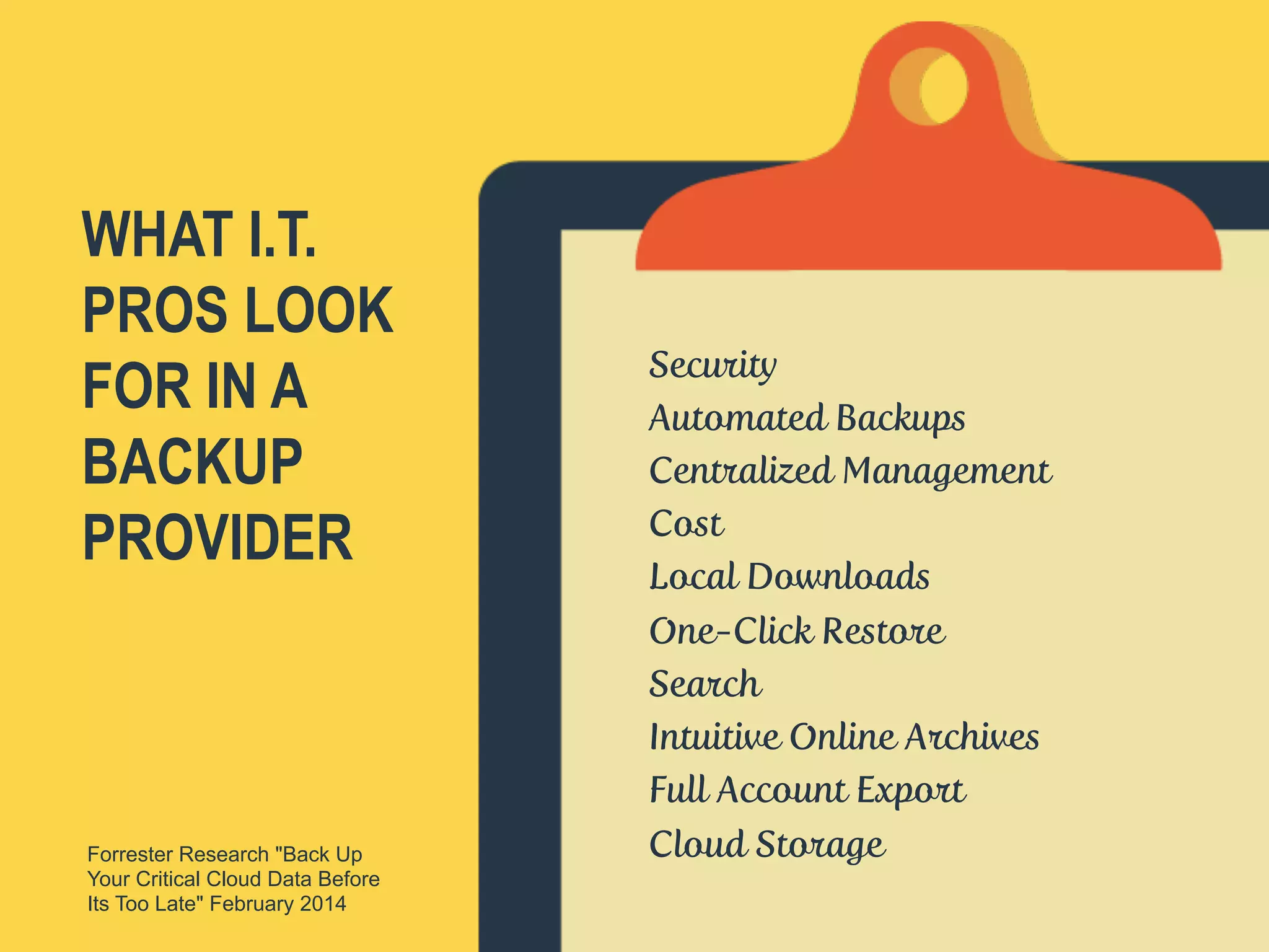 WHAT I.T.
PROS LOOK
FOR IN A
BACKUP
PROVIDER
Security
Automated Backups
Centralized Management
Cost
Local Downloads
One-Click Restore
Search
Intuitive Online Archives
Full Account Export
Cloud Storage
 