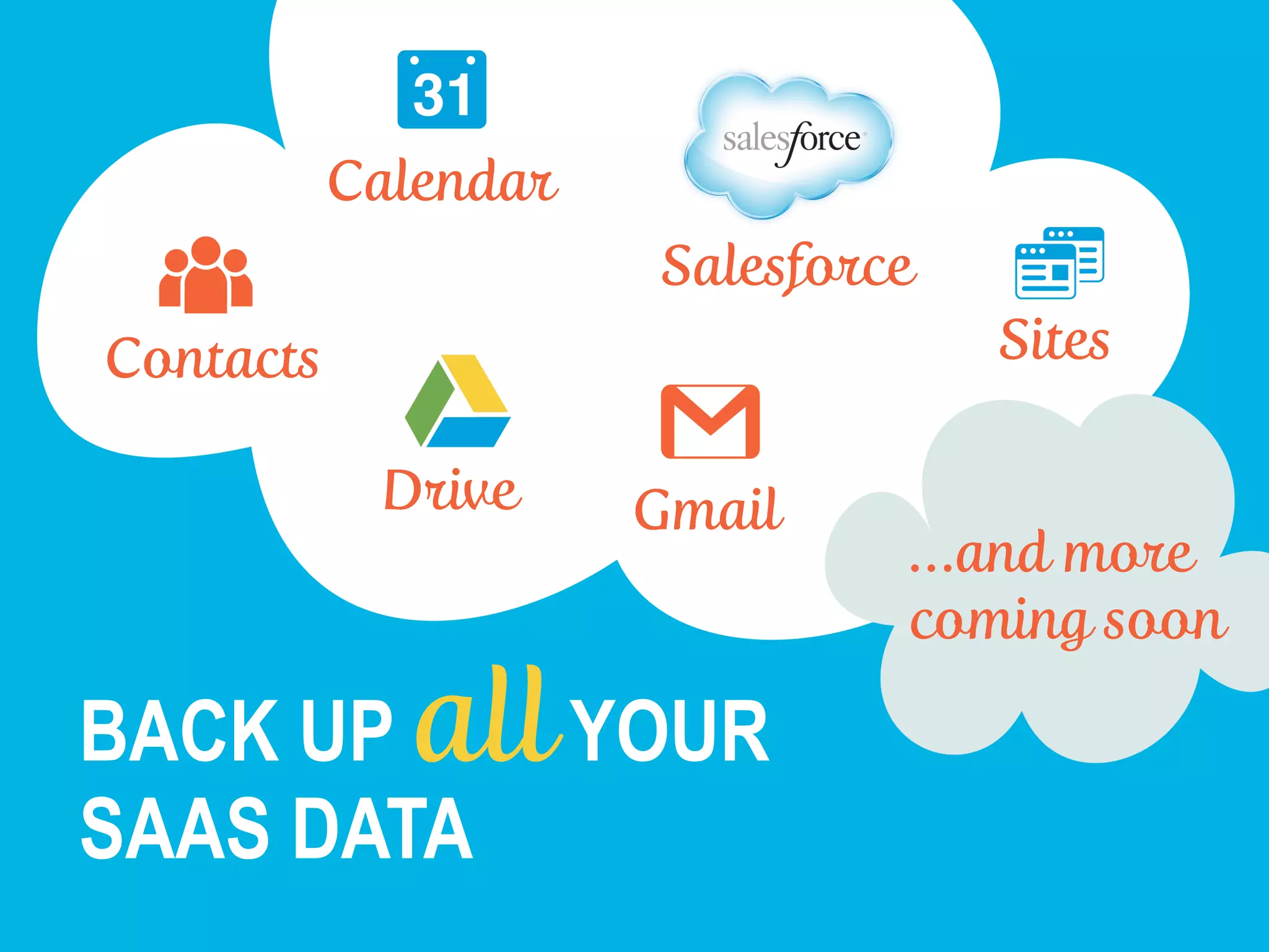 Calendar
Salesforce
Sites
Drive Gmail
Contacts
…and more
coming soon
BACK UP allYOUR
SAAS DATA
 