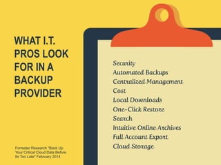 WHAT I.T.
PROS LOOK
FOR IN A
BACKUP
PROVIDER
Security
Automated Backups
Centralized Management
Cost
Local Downloads
One-Click Restore
Search
Intuitive Online Archives
Full Account Export
Cloud Storage
 
