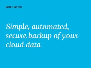 WHAT WE DO
Simple, automated,
secure backup of your
cloud data
 