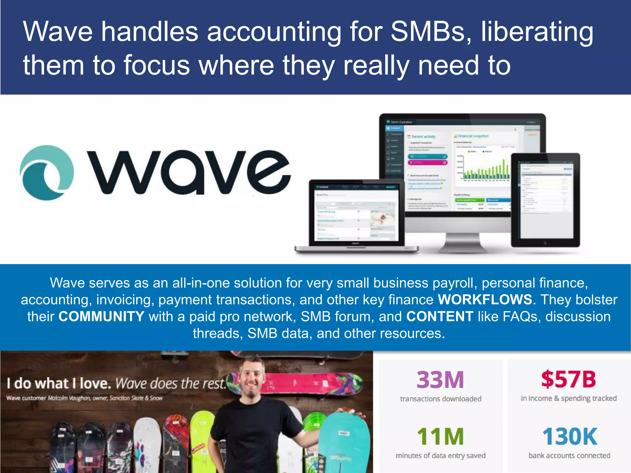 Wave handles accounting for SMBs, liberating
them to focus where they really need to




     Wave serves as an all-in-one solution for very small business payroll, personal finance,
accounting, invoicing, payment transactions, and other key finance WORKFLOWS. They bolster
 their COMMUNITY with a paid pro network, SMB forum, and CONTENT like FAQs, discussion
                            threads, SMB data, and other resources.
 