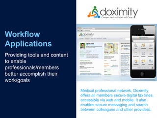 Workflow
Applications
Providing tools and content
to enable
professionals/members
better accomplish their
work/goals
     ...