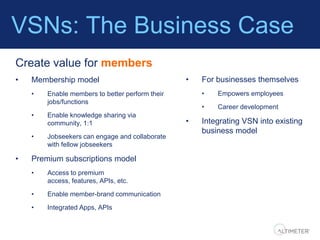 VSNs: The Business Case
Create value for members
•   Membership model                             •   For businesses thems...