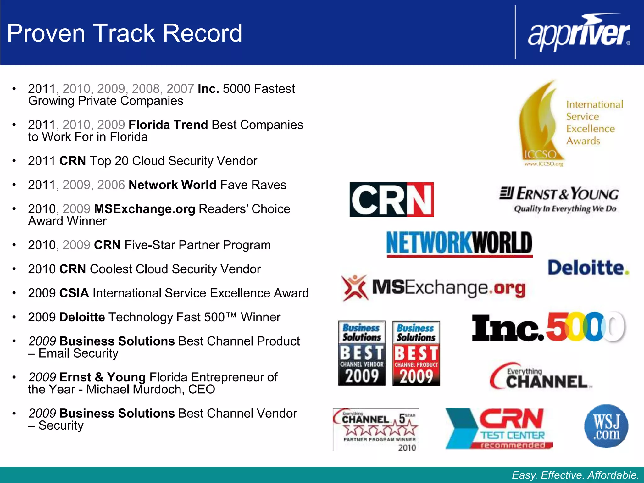 Proven Track Record

• 2011, 2010, 2009, 2008, 2007 Inc. 5000 Fastest
  Growing Private Companies
• 2011, 2010, 2009 Florida Trend Best Companies
  to Work For in Florida
• 2011 CRN Top 20 Cloud Security Vendor
• 2011, 2009, 2006 Network World Fave Raves
• 2010, 2009 MSExchange.org Readers' Choice
  Award Winner
• 2010, 2009 CRN Five-Star Partner Program
• 2010 CRN Coolest Cloud Security Vendor
• 2009 CSIA International Service Excellence Award
• 2009 Deloitte Technology Fast 500™ Winner
• 2009 Business Solutions Best Channel Product
  – Email Security
• 2009 Ernst & Young Florida Entrepreneur of
  the Year - Michael Murdoch, CEO
• 2009 Business Solutions Best Channel Vendor
  – Security


                                                     Easy. Effective. Affordable.
 