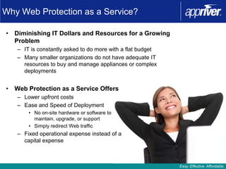 Why Web Protection as a Service?

• Diminishing IT Dollars and Resources for a Growing
  Problem
   – IT is constantly asked to do more with a flat budget
   – Many smaller organizations do not have adequate IT
     resources to buy and manage appliances or complex
     deployments


• Web Protection as a Service Offers
   – Lower upfront costs
   – Ease and Speed of Deployment
       • No on-site hardware or software to
         maintain, upgrade, or support
       • Simply redirect Web traffic
   – Fixed operational expense instead of a
     capital expense



                                                            Easy. Effective. Affordable.
 