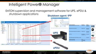 Intelligent Power® Manager
EATON supervision and management software for UPS, ePDU &
  shutdown applications
                             Shutdown agent: IPP




                                 UPS




                                 ePDU
 