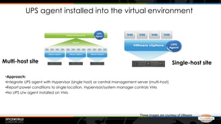 UPS agent installed into the virtual environment




Multi-host site                                                                                  Single-host site

 •Approach:
 •Integrate UPS agent with Hypervisor (single host) or central management server (multi-host)
 •Report power conditions to single location. Hypervisor/system manager controls VMs
 •No UPS s/w agent installed on VMs




                                                                            These images are courtesy of VMware.
 