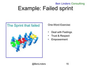 @BenLinders 15
Ben Linders Consulting
Example: Failed sprint
The Sprint that failed One-Word Exercise:
• Deal with Feeling...