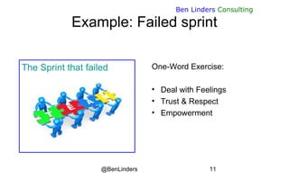 @BenLinders 11
Ben Linders Consulting
Example: Failed sprint
The Sprint that failed One-Word Exercise:
• Deal with Feeling...