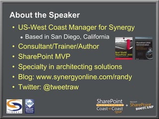 About the SpeakerUS-West Coast Manager for SynergyBased in San Diego, CaliforniaConsultant/Trainer/AuthorSharePoint MVPSpecialty in architecting solutionsBlog: www.synergyonline.com/randyTwitter: @tweetraw
