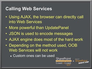 Calling Web ServicesUsing AJAX, the browser can directly call into Web ServicesMore powerful than UpdatePanelJSON is used to encode messagesAJAX engine does most of the hard workDepending on the method used, OOB Web Services will not workCustom ones can be used