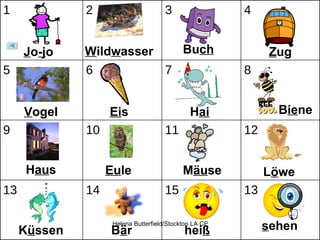 J o -j o W ild w asser Bu ch Z ug V ogel Ei s H ai B ie ne H au s Eu le M äu se L ö we K ü ssen B ä r hei ß s ehen 1 2 3 4 5 6 7 8 9 10 11 12 13 14 15 13 