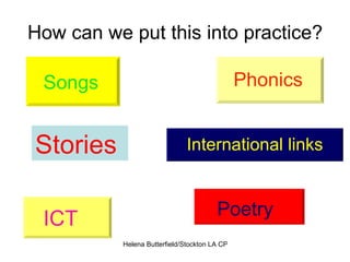How can we put this into practice? Stories   Songs Phonics Poetry International links ICT 