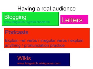 Having a real audience Podcasts Explain –er verbs / irregular verbs / explain anything / pronunciation practice Letters Blogging www.langwitch.org/stmichaelsmfl Wikis www.langwitch.wikispaces.com 