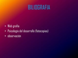 BILIOGRAFIA


• Web grafía
• Psicología del desarrollo (fotocopias)
• observación
 