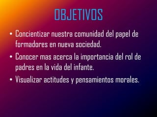 OBJETIVOS
• Concientizar nuestra comunidad del papel de
  formadores en nueva sociedad.
• Conocer mas acerca la importancia del rol de
  padres en la vida del infante.
• Visualizar actitudes y pensamientos morales.
 