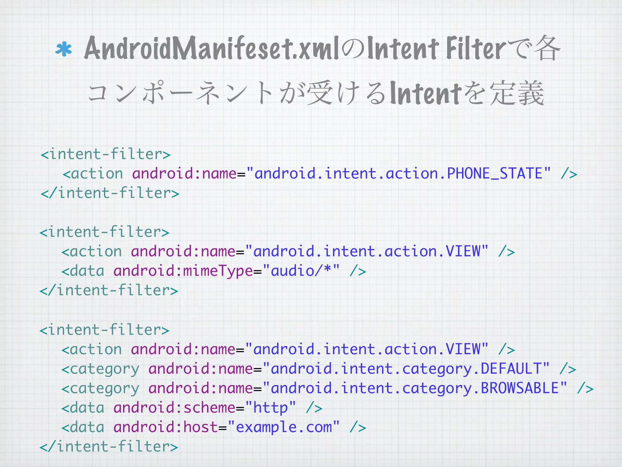 AndroidManifeset.xml            Intent Filter
                                       Intent
<intent-filter>
  <action android:name="android.intent.action.PHONE_STATE" />
</intent-filter>

<intent-filter>
  <action android:name="android.intent.action.VIEW" />
  <data android:mimeType="audio/*" />
</intent-filter>

<intent-filter>
  <action android:name="android.intent.action.VIEW" />
  <category android:name="android.intent.category.DEFAULT" />
  <category android:name="android.intent.category.BROWSABLE" />
  <data android:scheme="http" />
  <data android:host="example.com" />
</intent-filter>
 