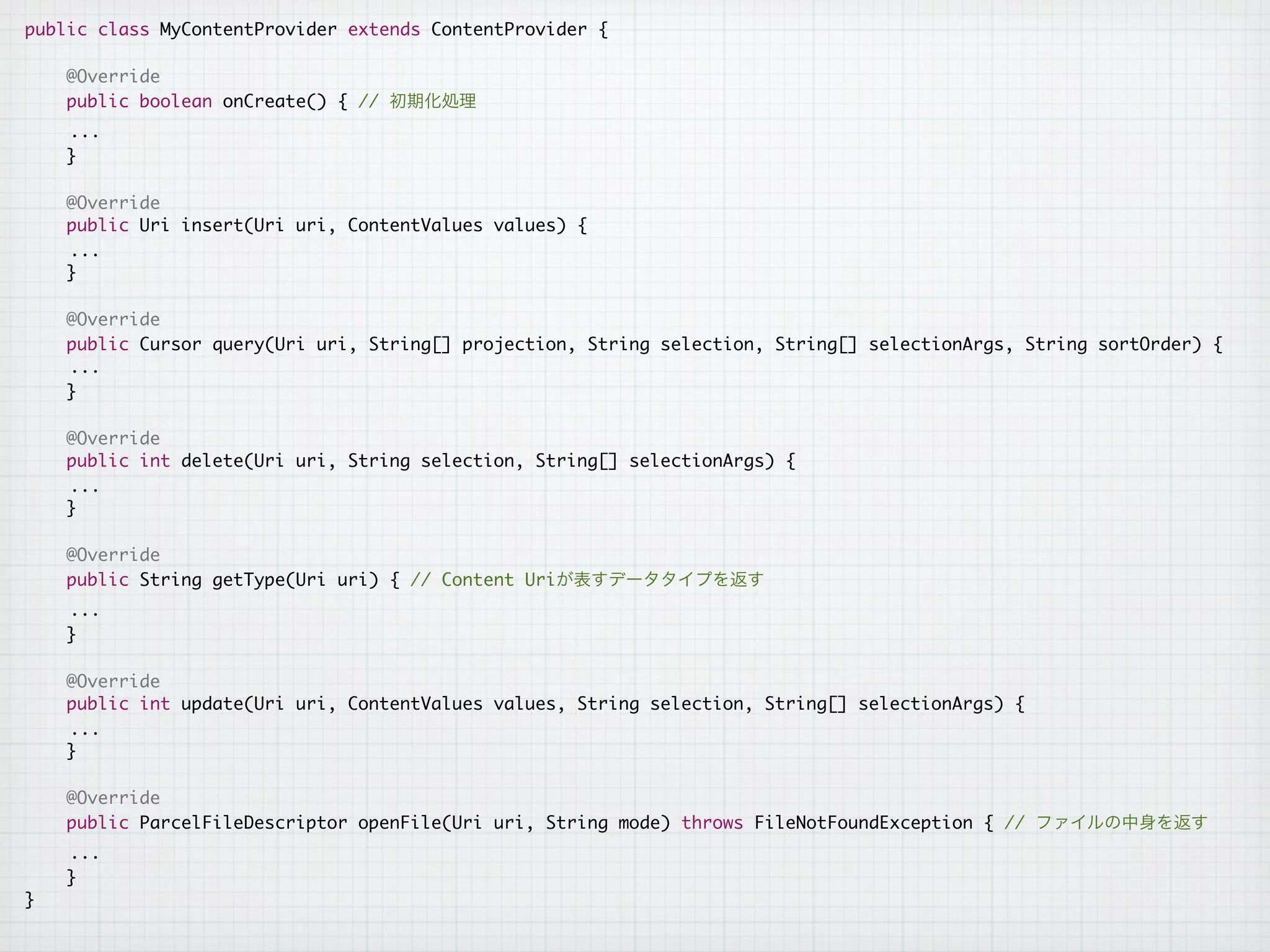 public class MyContentProvider extends ContentProvider {

    @Override
    public boolean onCreate() { //
    ...
    }

    @Override
    public Uri insert(Uri uri, ContentValues values) {
    ...
    }

    @Override
    public Cursor query(Uri uri, String[] projection, String selection, String[] selectionArgs, String sortOrder) {
    ...
    }

    @Override
    public int delete(Uri uri, String selection, String[] selectionArgs) {
    ...
    }

    @Override
    public String getType(Uri uri) { // Content Uri
    ...
    }

    @Override
    public int update(Uri uri, ContentValues values, String selection, String[] selectionArgs) {
    ...
    }

    @Override
    public ParcelFileDescriptor openFile(Uri uri, String mode) throws FileNotFoundException { //
    ...
    }
}
 