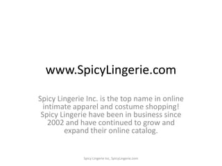 www.SpicyLingerie.com Spicy Lingerie Inc. is the top name in online intimate apparel and costume shopping! Spicy Lingeriehave been in business since 2002 and have continued to grow and expand their online catalog. Spicy Lingerie Inc, SpicyLingerie.com 