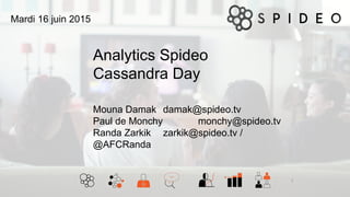 Analytics Spideo
Cassandra Day
1
Mouna Damak damak@spideo.tv
Paul de Monchy monchy@spideo.tv
Randa Zarkik zarkik@spideo.tv /
@AFCRanda
Mardi 16 juin 2015
 