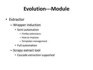 Evolution---Module
• Extractor
  – Wrapper induction
     • Semi automation
        – Firefox extensions
        – How to improve
        – Templates management
     • Full automation
  – Scrapy extract tool
     • Cascade extraction supported
 