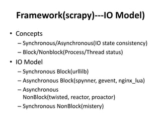 Framework(scrapy)---IO Model)
• Concepts
  – Synchronous/Asynchronous(IO state consistency)
  – Block/Nonblock(Process/Thread status)
• IO Model
  – Synchronous Block(urllilb)
  – Asynchronous Block(spynner, gevent, nginx_lua)
  – Asynchronous
    NonBlock(twisted, reactor, proactor)
  – Synchronous NonBlock(mistery)
 
