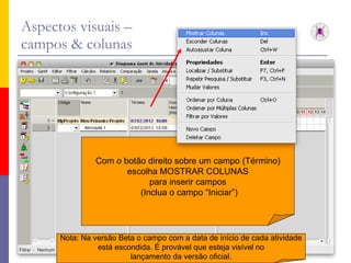Aspectos visuais –  campos & colunas Com o botão direito sobre um campo (Término) escolha MOSTRAR COLUNAS para inserir campos  (Inclua o campo “Iniciar”) Nota: Na versão Beta o campo com a data de início de cada atividade está escondida. É provável que esteja visível no lançamento da versão oficial. 