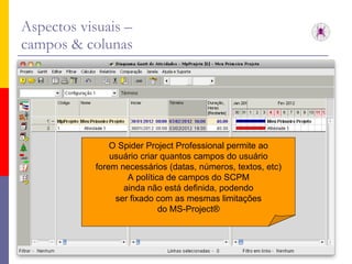 Aspectos visuais –  campos & colunas O Spider Project Professional permite ao usuário criar quantos campos do usuário forem necessários (datas, números, textos, etc) A política de campos do SCPM ainda não está definida, podendo ser fixado com as mesmas limitações do MS-Project® 