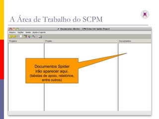 A Área de Trabalho do SCPM Documentos Spider irão aparecer aqui. (tabelas de apoio, relatórios, entre outros) 