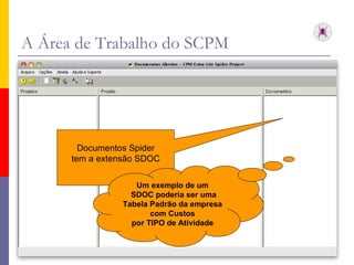 A Área de Trabalho do SCPM Documentos Spider tem a extensão SDOC Um exemplo de um  SDOC poderia ser uma Tabela Padrão da empresa com Custos por TIPO de Atividade 