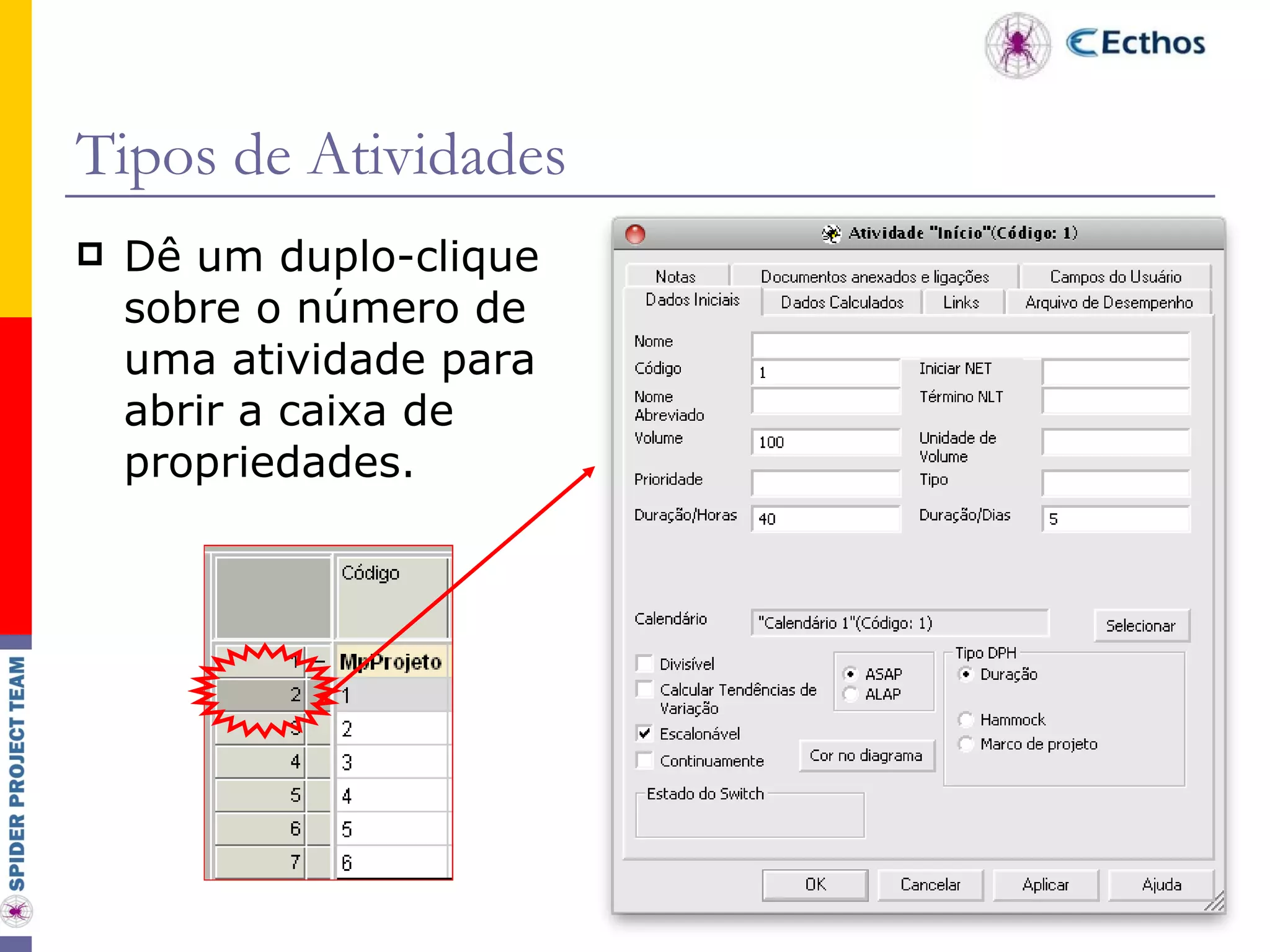 Tipos de Atividades Dê um duplo-clique sobre o número de uma atividade para abrir a caixa de propriedades. 