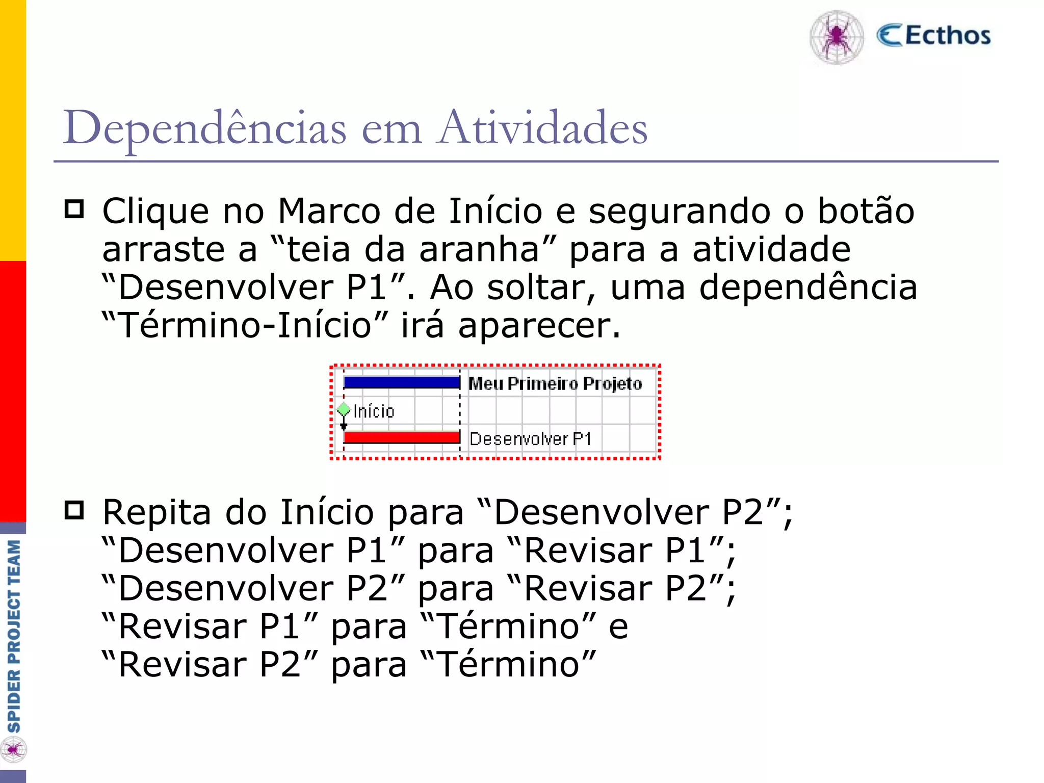 Dependências em Atividades Clique no Marco de Início e segurando o botão arraste a “teia da aranha” para a atividade “Desenvolver P1”. Ao soltar, uma dependência “Término-Início” irá aparecer. Repita do Início para “Desenvolver P2”; “Desenvolver P1” para “Revisar P1”; “Desenvolver P2” para “Revisar P2”;  “Revisar P1” para “Término” e  “Revisar P2” para “Término” 