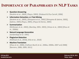 IMPORTANCE OF PARAPHRASES IN NLP TASKS
         Question Answering
          [Ibrahim et al., 2003], [Paşca, 2003], [Duboué & Chu-Carroll, 2006]
         Information Extraction and Text Mining
          [Ibrahim et al., 2003], [Shinyama et al., 2002] [Shinyama & Sekine, 2003],
          [Sekine, 2005] [Paşca, 2005], [Paşca & Dienes, 2005]
         Summarization
          [McKeown et al., 2002], [Barzilay, 2001, 2003], [Hirao et al., 2004] [Zhou et
          al., 2006b]
         Natural Language Generation
          [Iordanskaja et al. 1991]
         Plagiarism Detection
          [Potthast et al., 2010], [Vila et al., 2010]
         Machine Translation
          [Zhou et al., 2006], [Callison-Burch et al., 2006a, 2006b, 2007 and 2008]
          [Barreiro, 2008, 2009, 2011]



CICLing 2011                                                                    February 20-26, 2011
Anabela Barreiro                                                                Tokyo, Japan
 