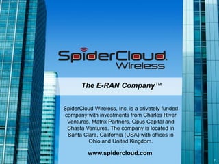 © 2010 SpiderCloud Wireless, Inc.
The E-RAN Company™
SpiderCloud Wireless, Inc. is a privately funded
company with investments from Charles River
Ventures, Matrix Partners, Opus Capital and
Shasta Ventures. The company is located in
Santa Clara, California (USA) with offices in
Ohio and United Kingdom.
www.spidercloud.com
7
 