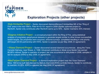Exploration Projects (other projects)
•Kyle Kimberlite Project – Spider discovered diamondiferous 5 kimberlites NE of the “Ring of
Fire” area in the mid-1990‟s. Filed NI 43-101 report in 2008 (Spider optioned project to
Renforth, Spider only contributes after Renforth earns up to 55% , Spider maintains 30% interest)


•Diagnos Initiative Project – a conceptual project within the Ring of Fire, using statistical
analysis of proprietary geophysical datasets to generate targets similar to other known successfully
tested targets. Six properties were acquired, airborne surveys completed resulting in one priority
drill target (50:50 partnership with KWG, Spider is operator as per May 2006 JV agreement)


• Wawa Diamond Project – Spider discovered several diamond occurrences along the Trans
Canada Highway, near Wawa, in 1996. Advanced contribute or dilute once Spider has earned
66.66% interest, Spider is operator of project, per one occurrence to drill phase in 2008, samples in
lab for analysis (KWG to May 2006 JV agreement)


•MacFadyen Diamond Project – a diamond exploration project near the Victor Diamond
Mine, 100 tonne bulk test planned by Debuts Diamond (KWG controls Debuts, Spider to contribute
to maintain 33.33%, KWG is operator per May 2006 JV agreement)
 
