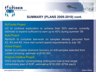 SUMMARY (PLANS 2009-2010) cont.

McFaulds Project
UC to continue exploration to achieve their 55% earn-in, currently
estimate to expend sufficient to earn up to 40% during summer „09
Kyle Project
Renforth to complete test-work on samples already procured from
K2, K4 and K5, have met current spend requirements to July „09
Wawa Project
Spider to complete diamond recovery on drill samples selected from
Lalibert showing, estimate at $100,000
Diagnos Initiative Project
KWG and Spider contemplating drilling one hole to test target
immediately east of ROF, estimate at $150,000 ($75K each)
 