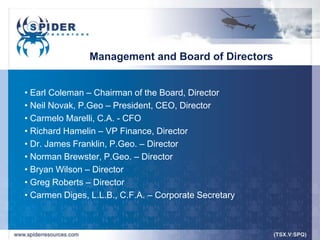 Management and Board of Directors


• Earl Coleman – Chairman of the Board, Director
• Neil Novak, P.Geo – President, CEO, Director
• Carmelo Marelli, C.A. - CFO
• Richard Hamelin – VP Finance, Director
• Dr. James Franklin, P.Geo. – Director
• Norman Brewster, P.Geo. – Director
• Bryan Wilson – Director
• Greg Roberts – Director
• Carmen Diges, L.L.B., C.F.A. – Corporate Secretary
 