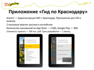Приложение «Гид по Краснодару»
Клиент — Администрация МО г. Краснодар. Приложение для iOS и
Android.
2 языковые версии: русская и английская.
Количество скачиваний из App Store — 2 685, Google Play — 300.
Стоимость проекта — 700 тыс. руб. Срок разработки — 1 месяц.
 