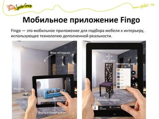 Мобильное приложение Fingo
Fingo — это мобильное приложение для подбора мебели к интерьеру,
использующее технологию дополненной реальности.
 