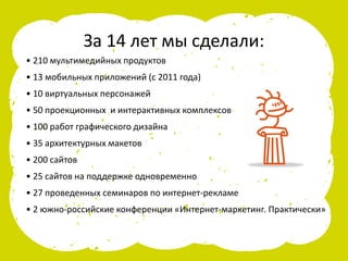 За 14 лет мы сделали:
• 210 мультимедийных продуктов
• 13 мобильных приложений (с 2011 года)
• 10 виртуальных персонажей
• 50 проекционных и интерактивных комплексов
• 100 работ графического дизайна
• 35 архитектурных макетов
• 200 сайтов
• 25 сайтов на поддержке одновременно
• 27 проведенных семинаров по интернет-рекламе
• 2 южно-российские конференции «Интернет-маркетинг. Практически»
 