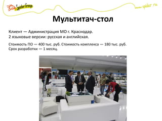 Мультитач-стол
Клиент — Администрация МО г. Краснодар.
2 языковые версии: русская и английская.
Стоимость ПО — 400 тыс. руб. Стоимость комплекса — 180 тыс. руб.
Срок разработки — 1 месяц.
 