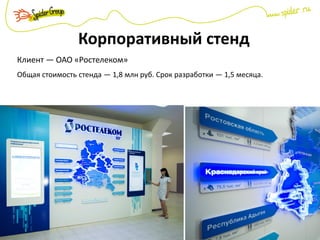 Корпоративный стенд
Клиент — ОАО «Ростелеком»
Общая стоимость стенда — 1,8 млн руб. Срок разработки — 1,5 месяца.
 