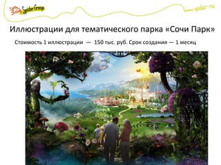 Иллюстрации для тематического парка «Сочи Парк»
Стоимость 1 иллюстрации — 150 тыс. руб. Срок создания — 1 месяц
 