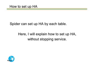 How to set up HA



Spider can set up HA by each table.

     Here, I will explain how to set up HA,
           without stopping service.
 