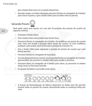 O Amp Spider Jam
3•2
gire o botão Select para ver as pastas disponíveis.
Quando chegar no timbre desejado, pressione•	 Direita no navegador de 4 botões
para entrar na pasta, e gire o botão Select para escolher entre os presets.
Salvando Presets
Você pode salvar seus ajustes em uma das 36 posições dos presets de usuário da
seguinte maneira:
Pressione o botão Salvar.•	
Gire o botão•	 Select até escolher Save Guitar Tone.
Pressione Direita no navegador de 4 botões. Se modificou um preset de usuário•	
User, você será levado à posição desse preset de usuário. Se você modificou
qualquer outro preset, você será levado à posição de memória 1A.
Gire o botão•	 Select para selecionar a posição de presets de usuário que você
deseja guardar.
Pressione•	 Direita no navegador de 4 posições.
Se você deseja renomear o preset, use•	 Esquerda/Direita no navegador de 4 botões
para escolher um caractere e o botão Select para mudar o caractere.
Pressione Baixo•	 no navegador de 4 botões para salvar, ou pressione os botões
Song, Level, ou Tone para cancelar.
Os ajustes de todos os controles serão salvos:•	
A função de Reinicialização de Fábrica disponível no botão•	 Save lhe permite
chamar todos os presets de usuário, descartando todas as mudanças feitas por
você.
DISTRIBUIÇÃO EXCLUSIVA
 